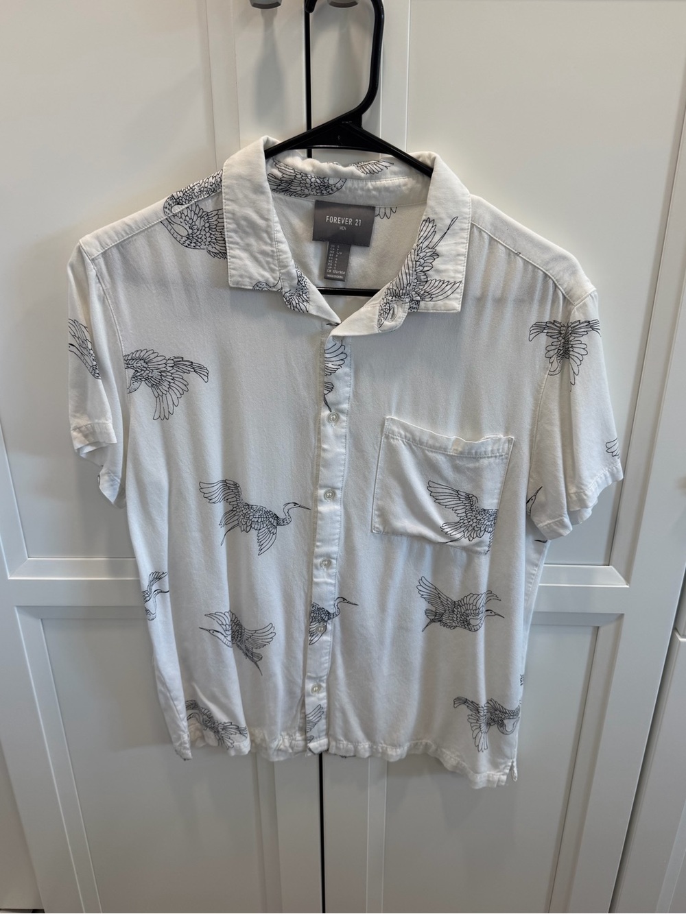 Forever 21 White Short-Sleeve Button-Up Shirt with Bird Print